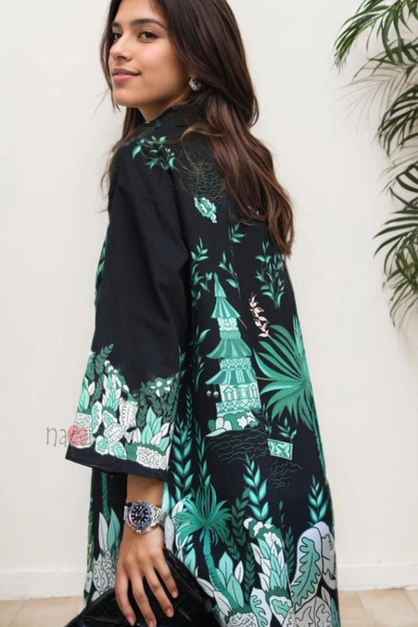 V Neck Black with Green Palm Leaves Co-Ord Set