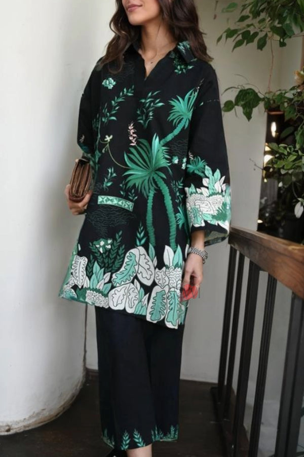V Neck Black with Green Palm Leaves Co-Ord Set